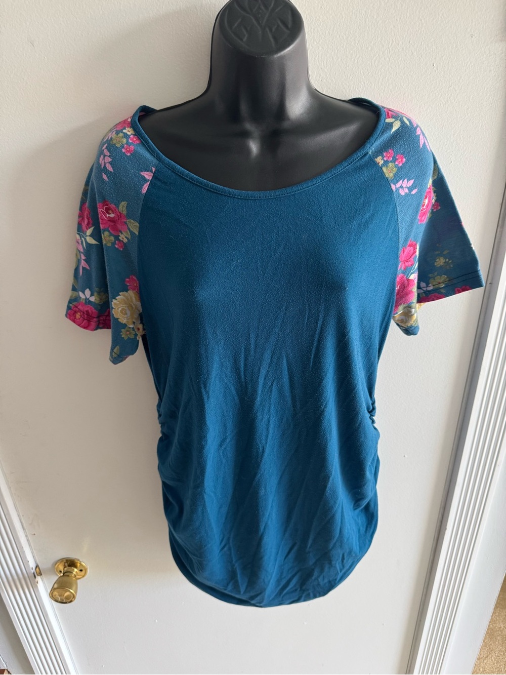 BHome Maternity Teal Short Sleeve Scoop Neck Top with Floral Sleeves